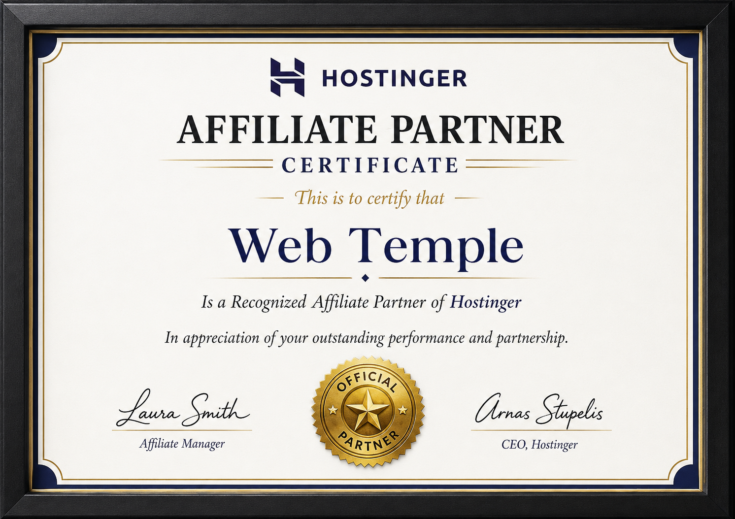 Web Temple Hostinger affiliate partner certificate