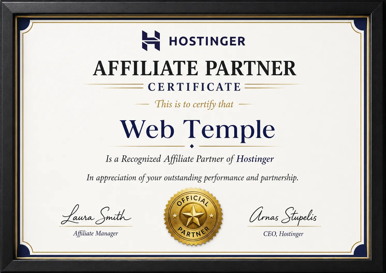 Web Temple Hostinger affiliate partner certificate