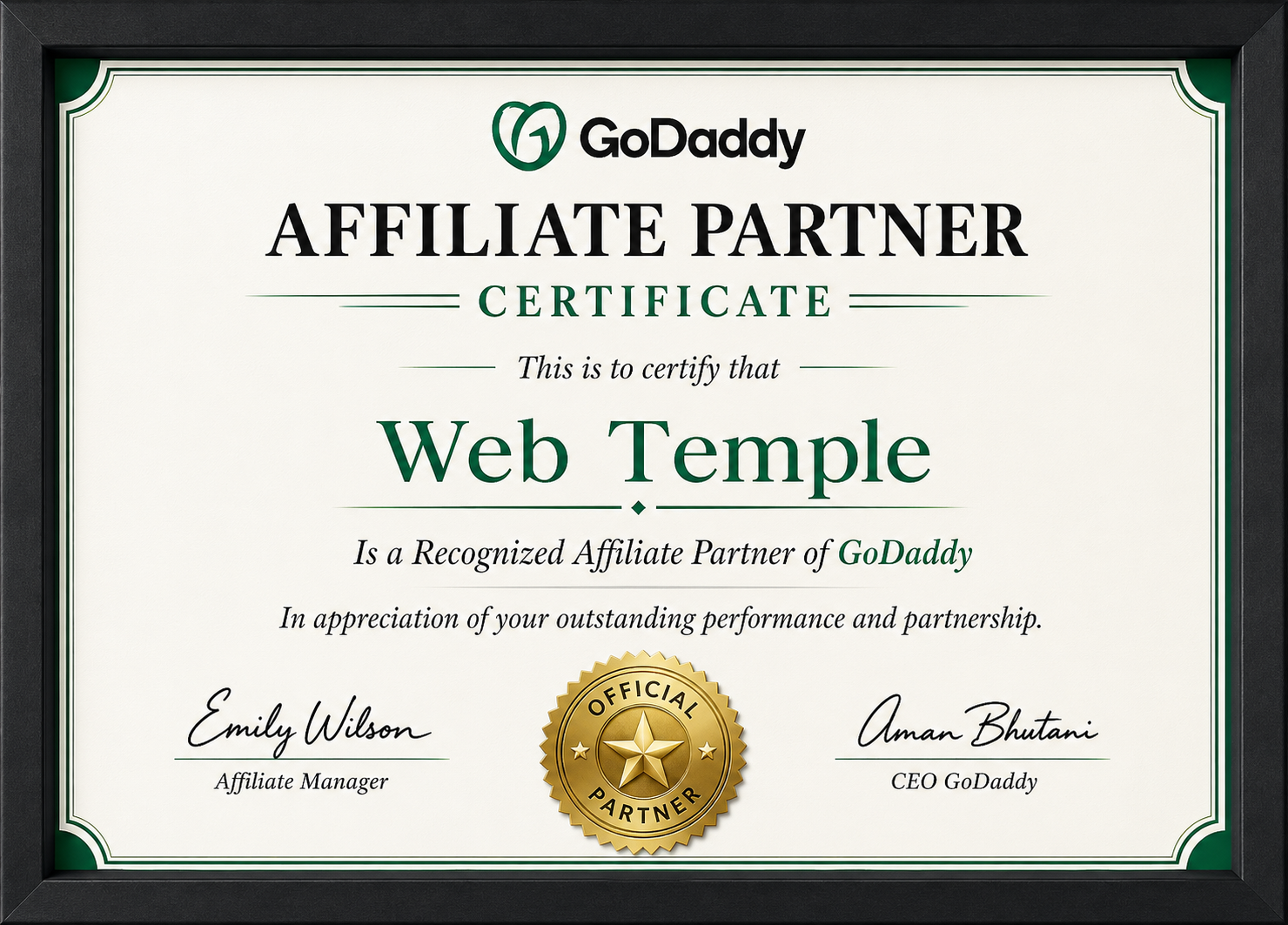 Web Temple GoDaddy affiliate partner certificate