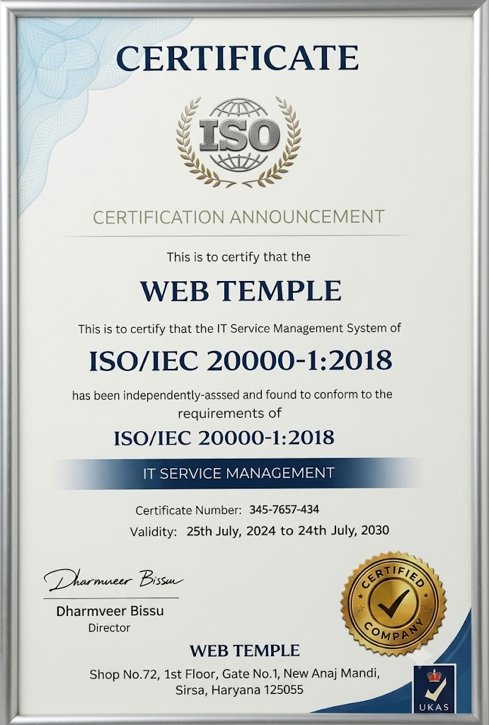 Web Temple ISO IEC 20000-1 2018 certificate