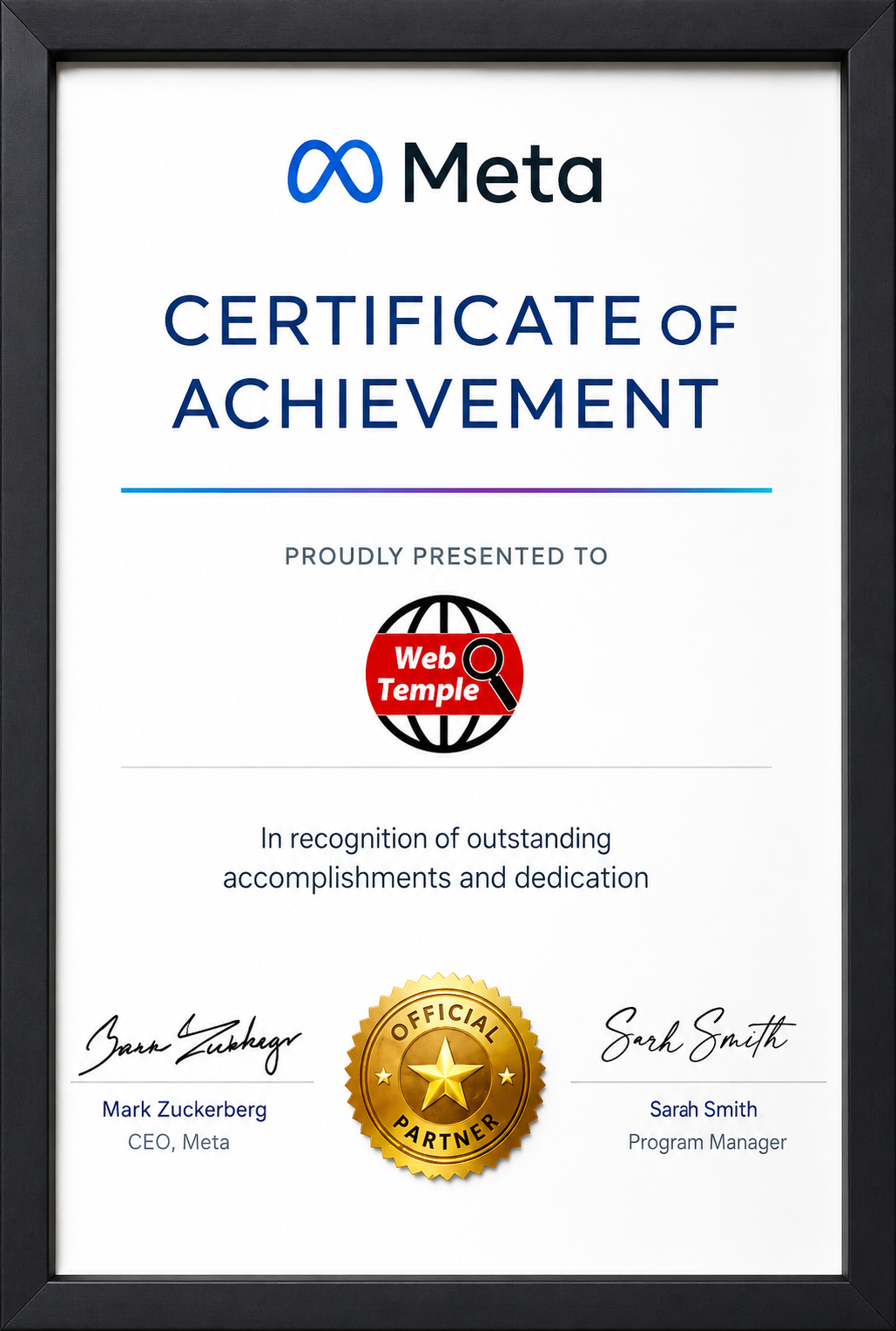 Web Temple Meta certificate of achievement